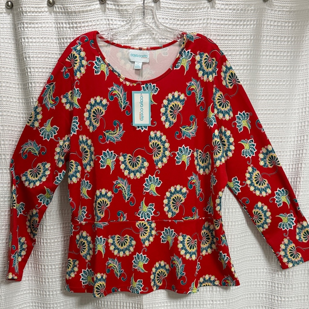 Caya Costa NEW Swim Red Floral Women's rash guard UV protection‎ 40 vacay SZ 2X